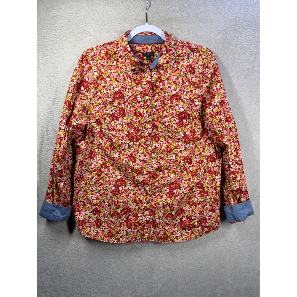 Talbots Button Down Shirt Womens 14p Red Floral Cotton Long Sleeve Roll Tab Top